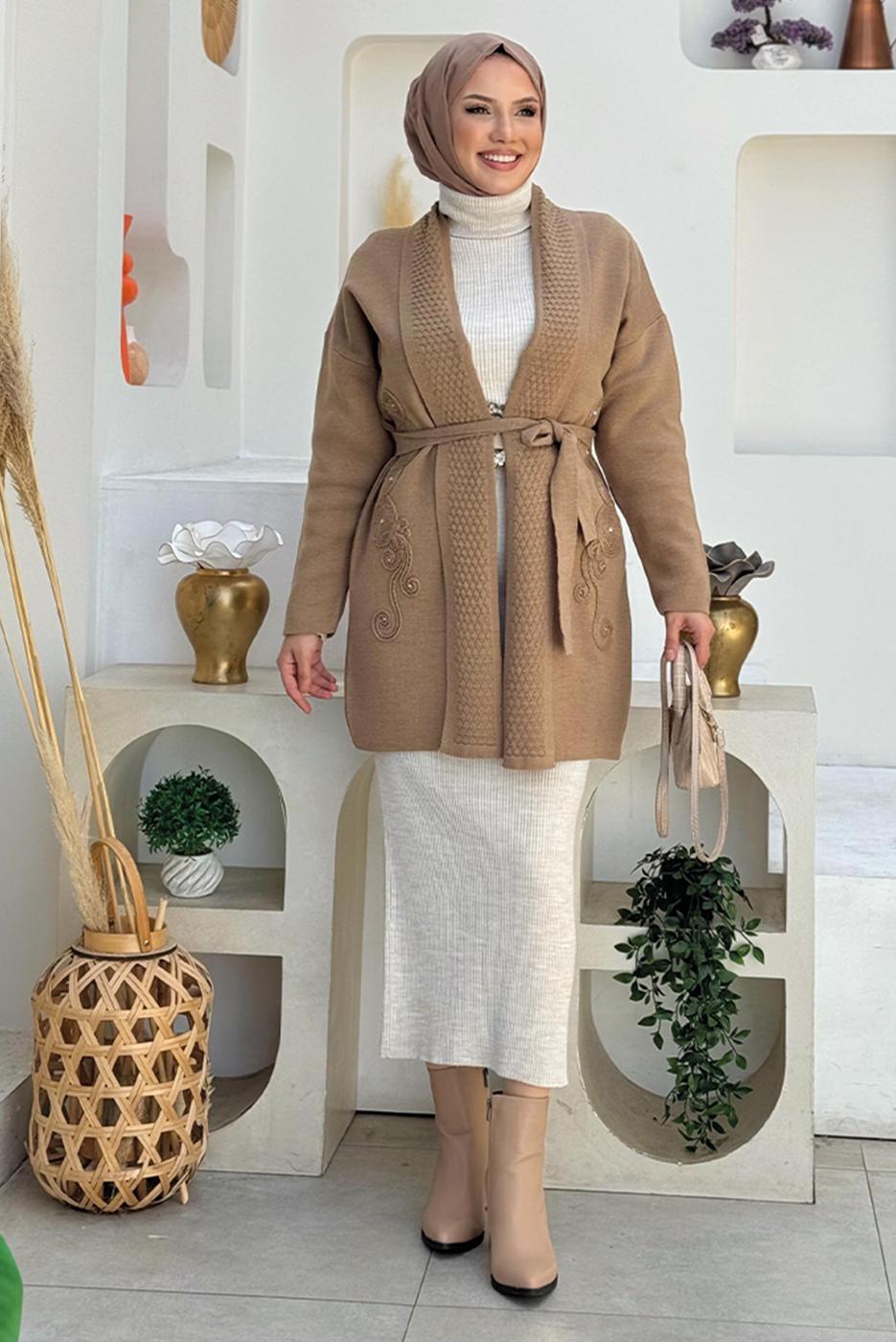 Hijab clothing MINK BELTED KNITWEAR CARDIGAN T 44021