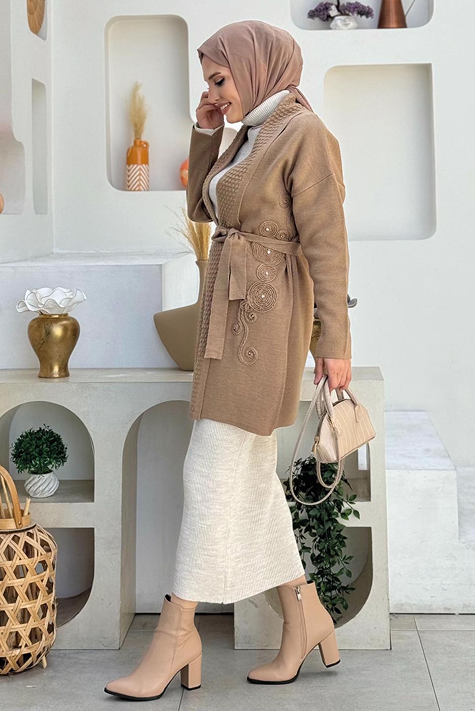 Hijab clothing MINK BELTED KNITWEAR CARDIGAN T 44021