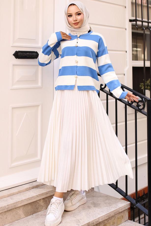 Tesettür giyim MAVİ ÇİZGİLİ TRİKO HIRKA T 4704 - TRENDTESETTÜR
