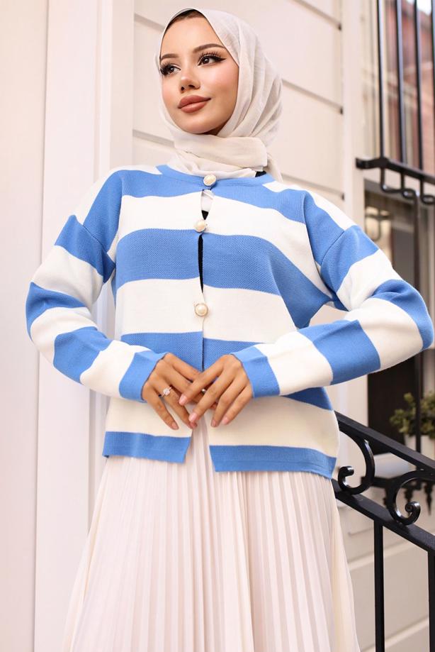 Tesettür giyim MAVİ ÇİZGİLİ TRİKO HIRKA T 4704 - TRENDTESETTÜR