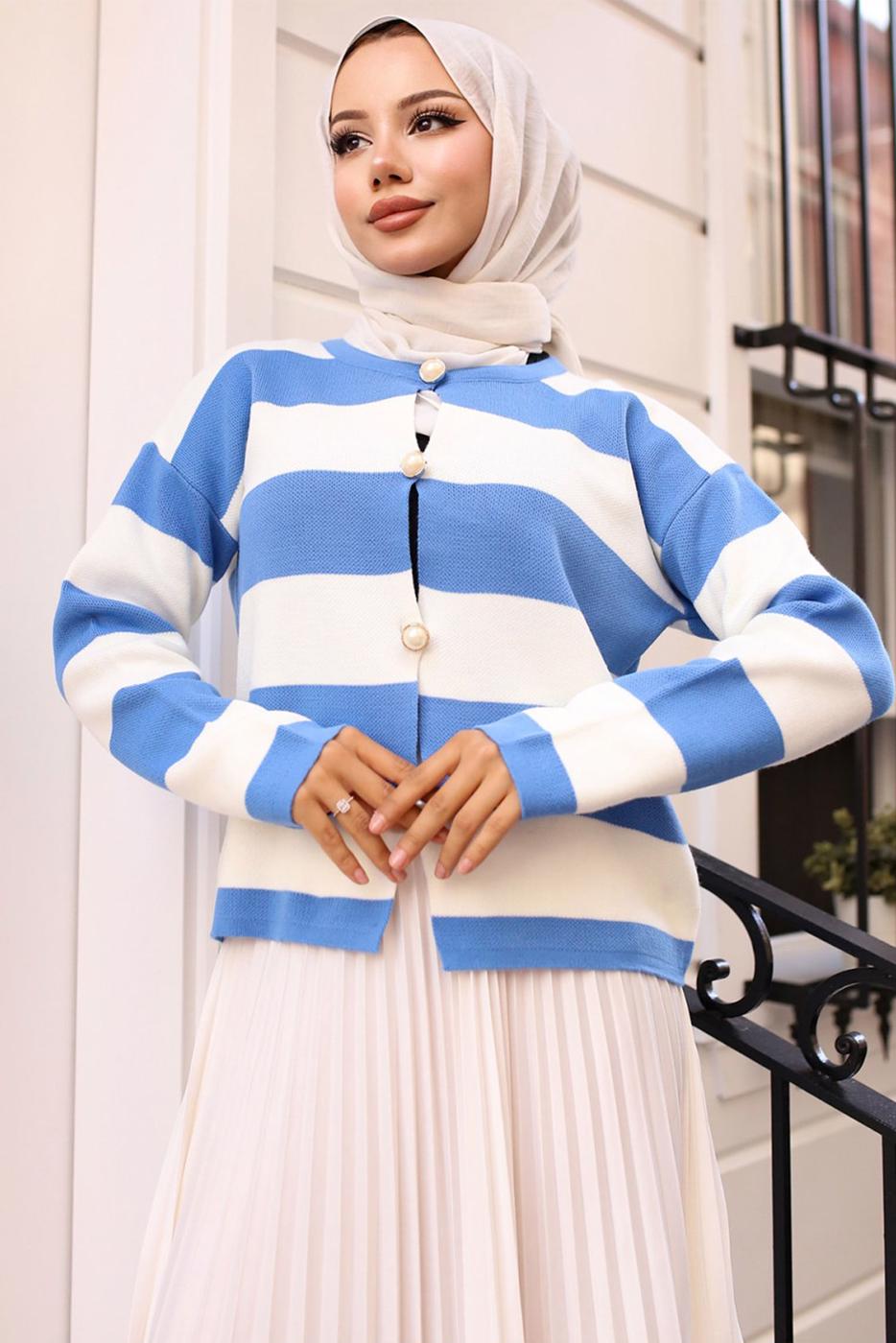 Tesettür giyim MAVİ ÇİZGİLİ TRİKO HIRKA T 4704