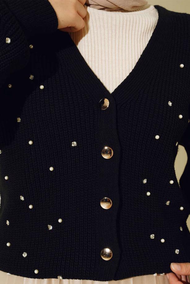 Tesettür giyim SİYAH TAŞ DETAYLI TRİKO HIRKA T 5207 - TRENDTESETTÜR