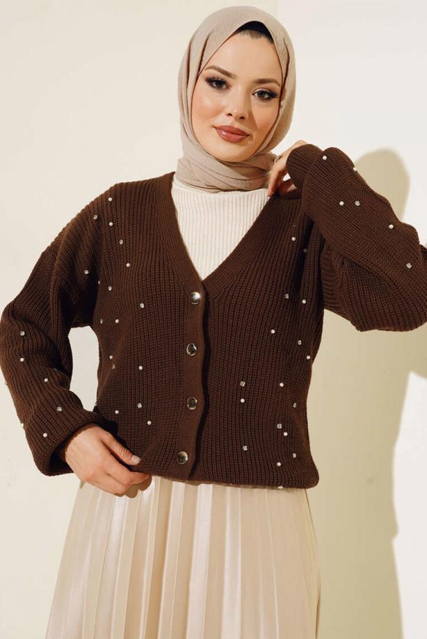 Tesettür giyim KAHVE TAŞ DETAYLI TRİKO HIRKA T 5207 - TRENDTESETTÜR