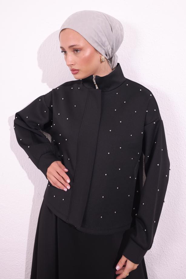 Tesettür giyim SİYAH BONCUK DETAYLI CEKET T 8654 - TRENDTESETTÜR
