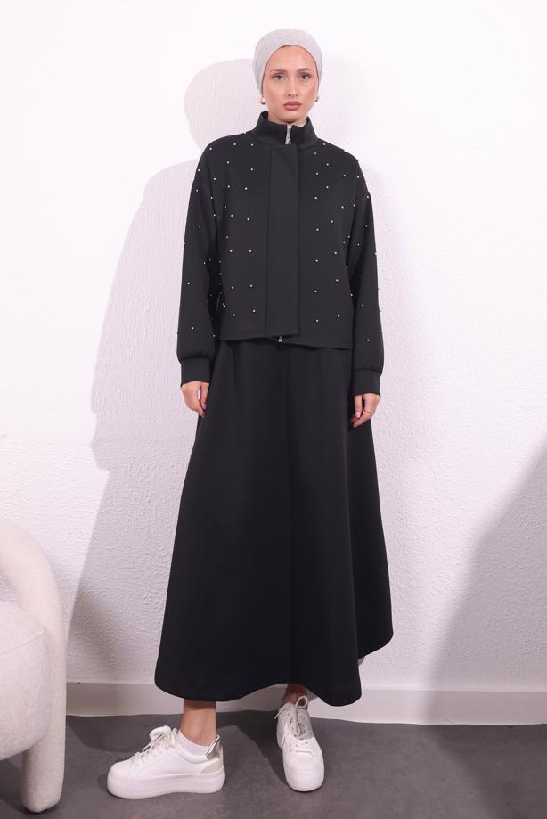 Tesettür giyim SİYAH BONCUK DETAYLI CEKET T 8654 - TRENDTESETTÜR