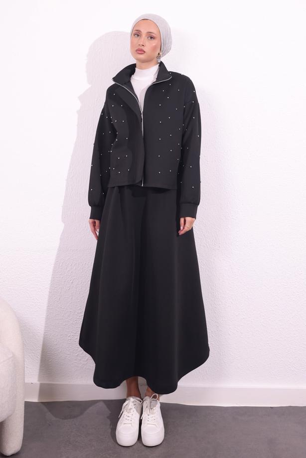 Tesettür giyim SİYAH BONCUK DETAYLI CEKET T 8654 - TRENDTESETTÜR