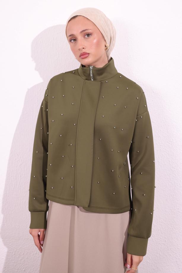 Tesettür giyim KAHVE BONCUK DETAYLI CEKET T 8654 - TRENDTESETTÜR