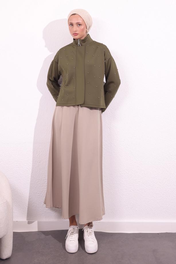 Tesettür giyim KAHVE BONCUK DETAYLI CEKET T 8654 - TRENDTESETTÜR