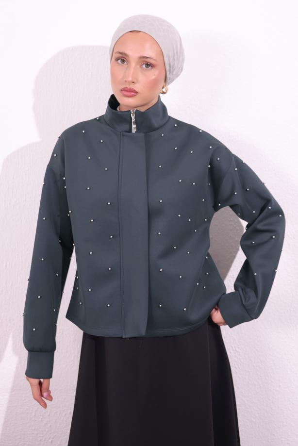 Tesettür giyim GRİ BONCUK DETAYLI CEKET T 8654 - TRENDTESETTÜR