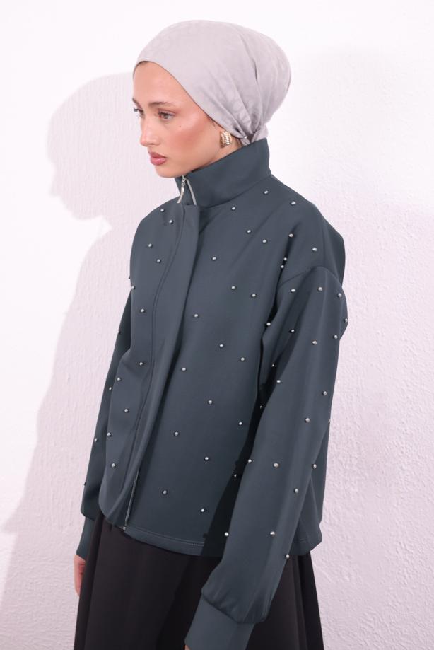 Tesettür giyim GRİ BONCUK DETAYLI CEKET T 8654 - TRENDTESETTÜR