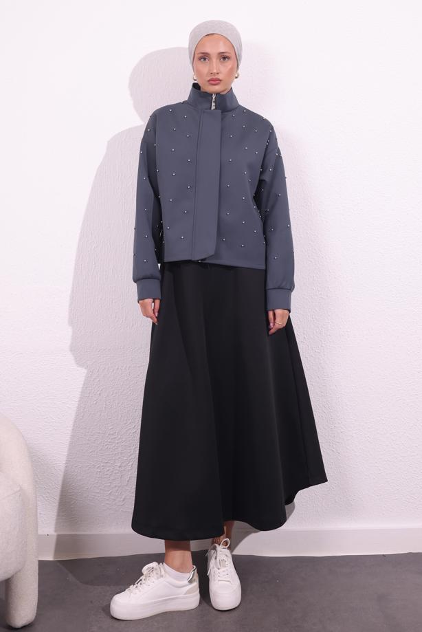 Tesettür giyim GRİ BONCUK DETAYLI CEKET T 8654 - TRENDTESETTÜR
