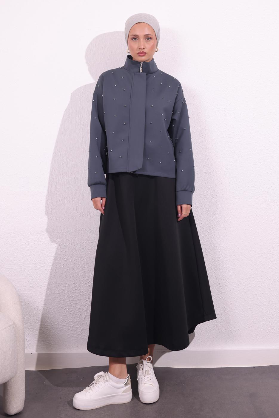 Tesettür giyim GRİ BONCUK DETAYLI CEKET T 8654