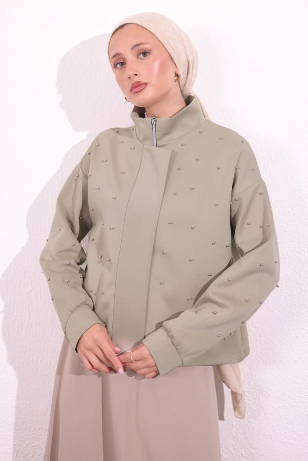 Tesettür giyim KUM BONCUK DETAYLI CEKET T 8654 - TRENDTESETTÜR