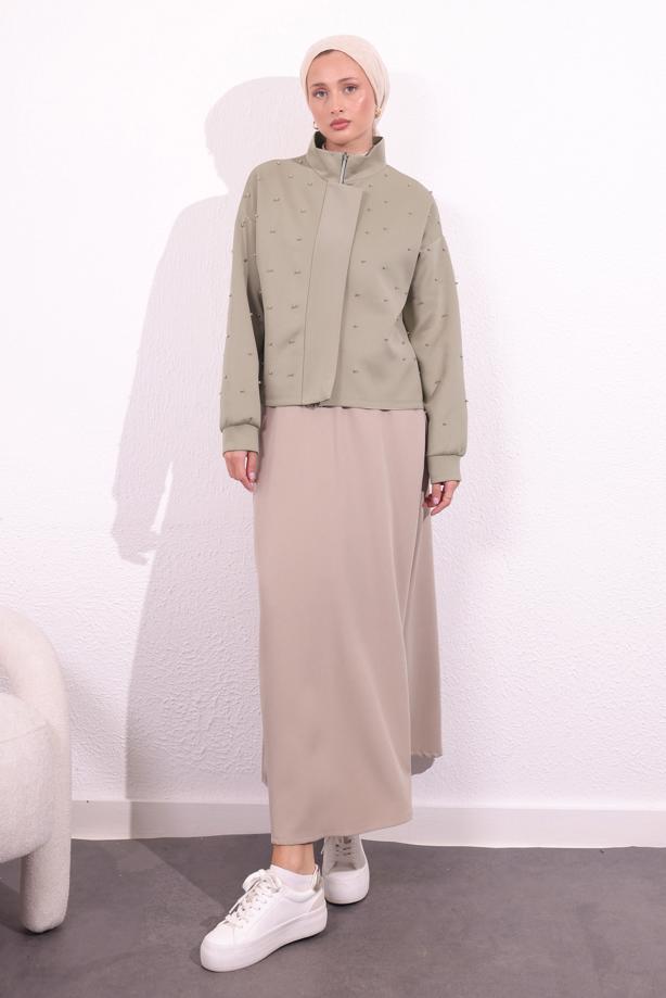 Tesettür giyim KUM BONCUK DETAYLI CEKET T 8654 - TRENDTESETTÜR