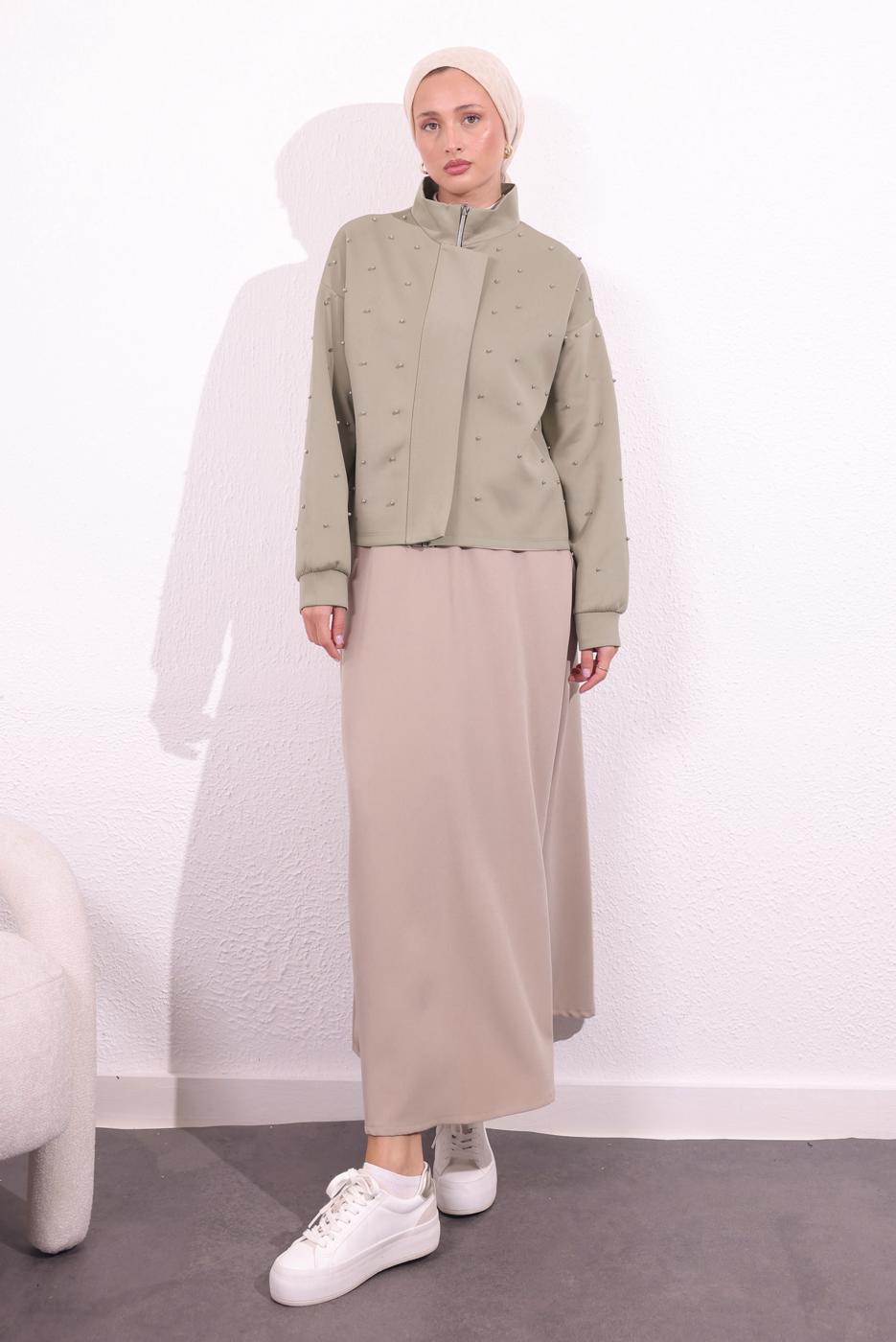 Tesettür giyim KUM BONCUK DETAYLI CEKET T 8654