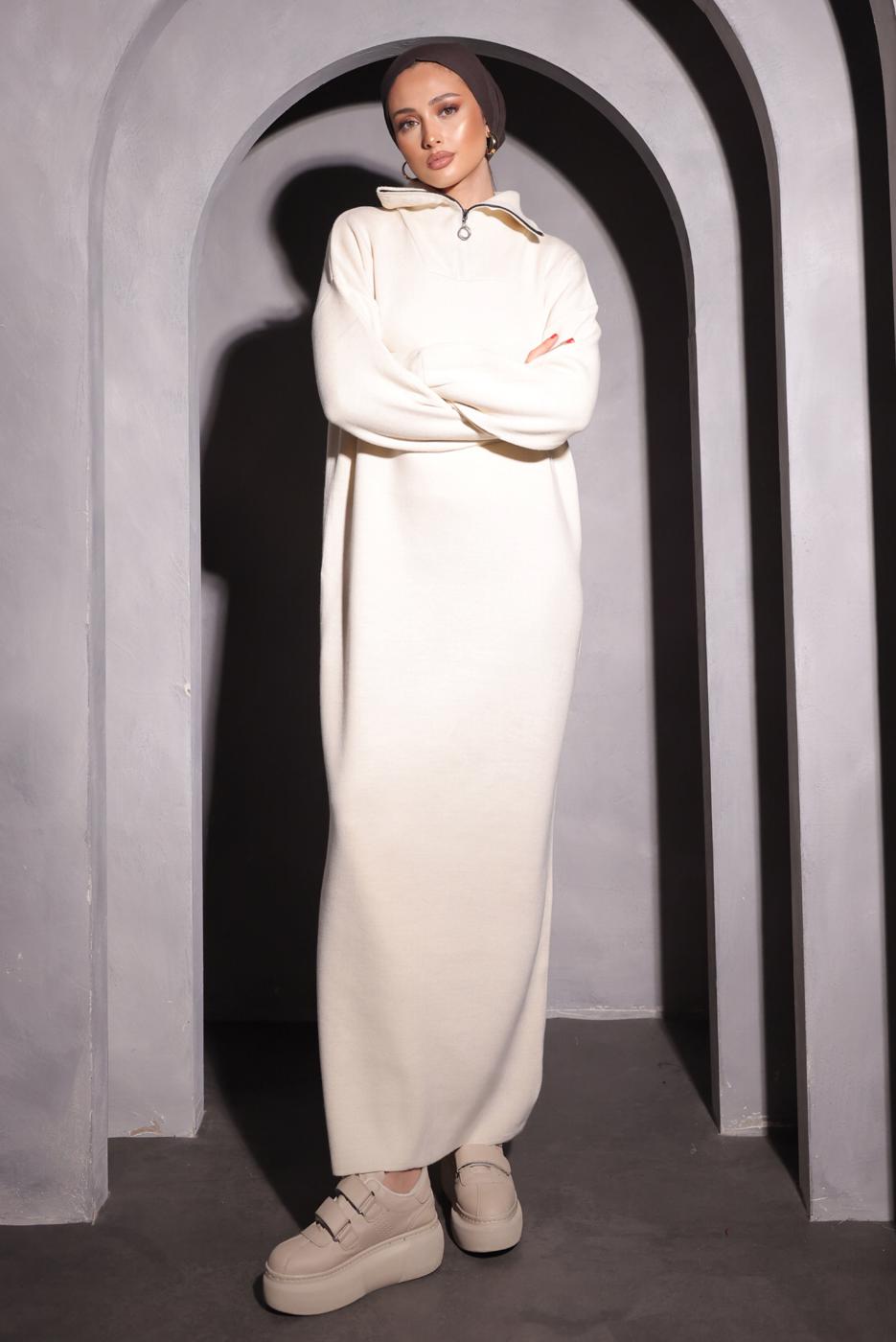 Tesettür giyim KREM TRİKO ELBİSE T 0209