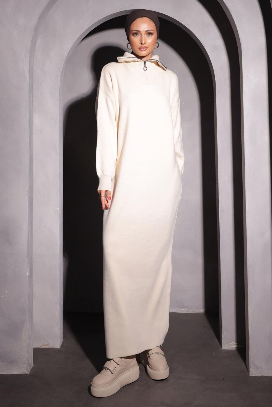 Tesettür giyim KREM TRİKO ELBİSE T 0209