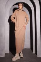 Tesettür giyim BEJ TRİKO ELBİSE T 0209