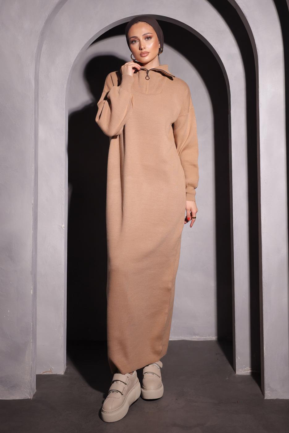 Tesettür giyim BEJ TRİKO ELBİSE T 0209