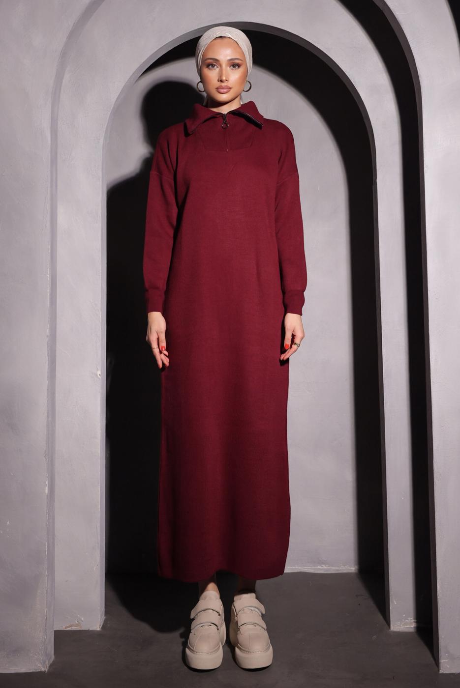 Tesettür giyim BORDO TRİKO ELBİSE T 0209