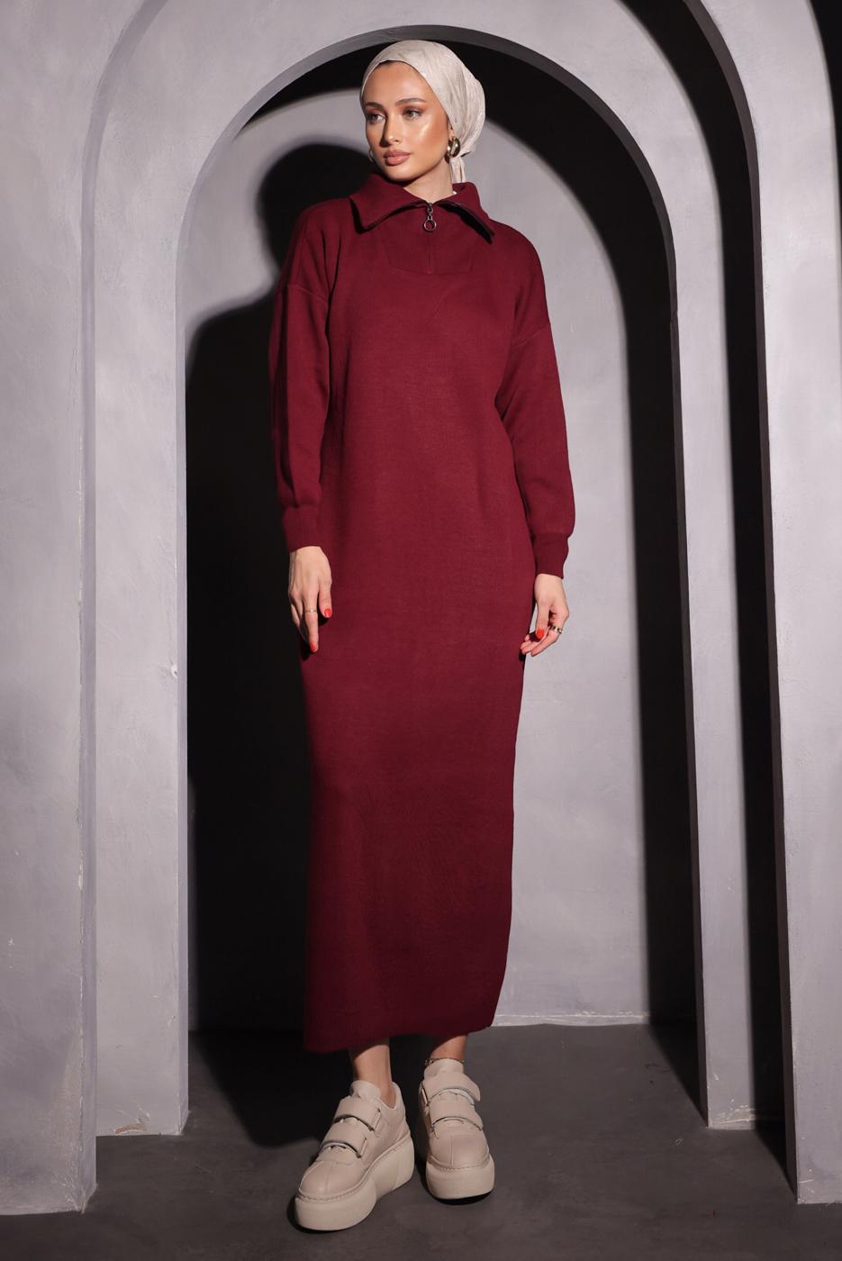 Tesettür giyim BORDO TRİKO ELBİSE T 0209