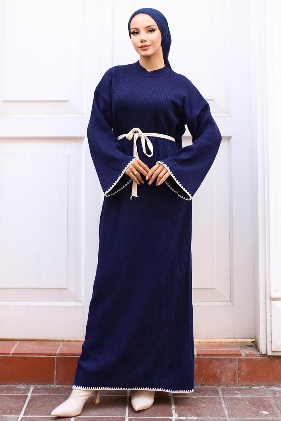 Tesettür giyim LACİVERT KUŞAKLI TRİKO ELBİSE T 04011
