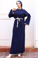Tesettür giyim LACİVERT KUŞAKLI TRİKO ELBİSE T 04011