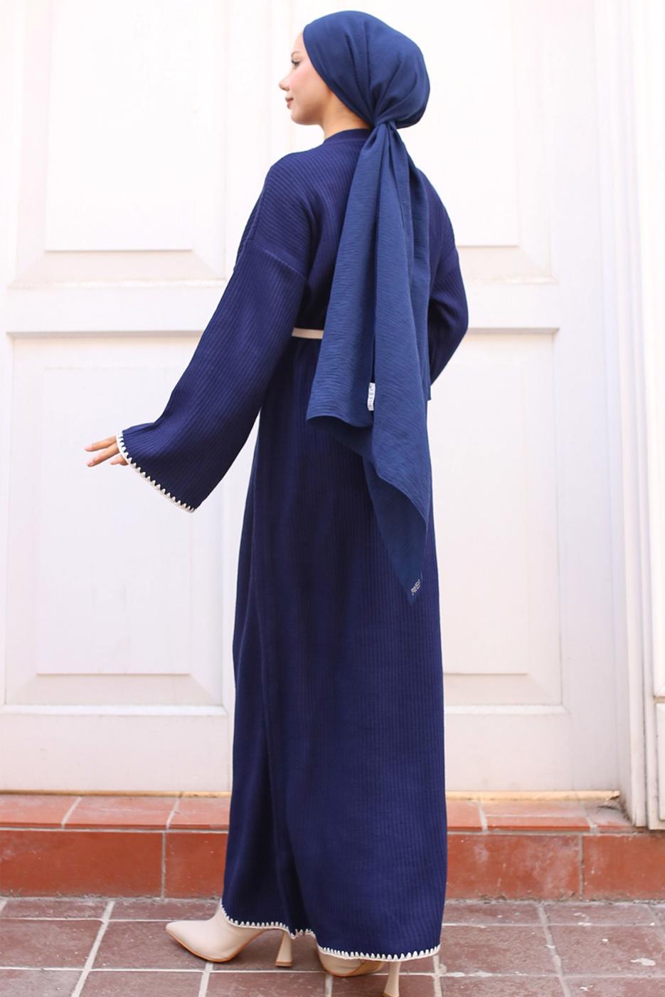 Tesettür giyim LACİVERT KUŞAKLI TRİKO ELBİSE T 04011