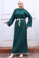 Tesettür giyim YEŞİL KUŞAKLI TRİKO ELBİSE T 04011
