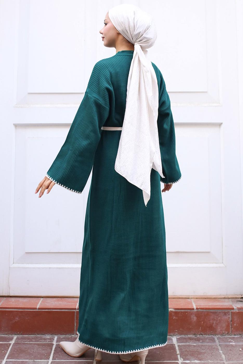 Tesettür giyim YEŞİL KUŞAKLI TRİKO ELBİSE T 04011