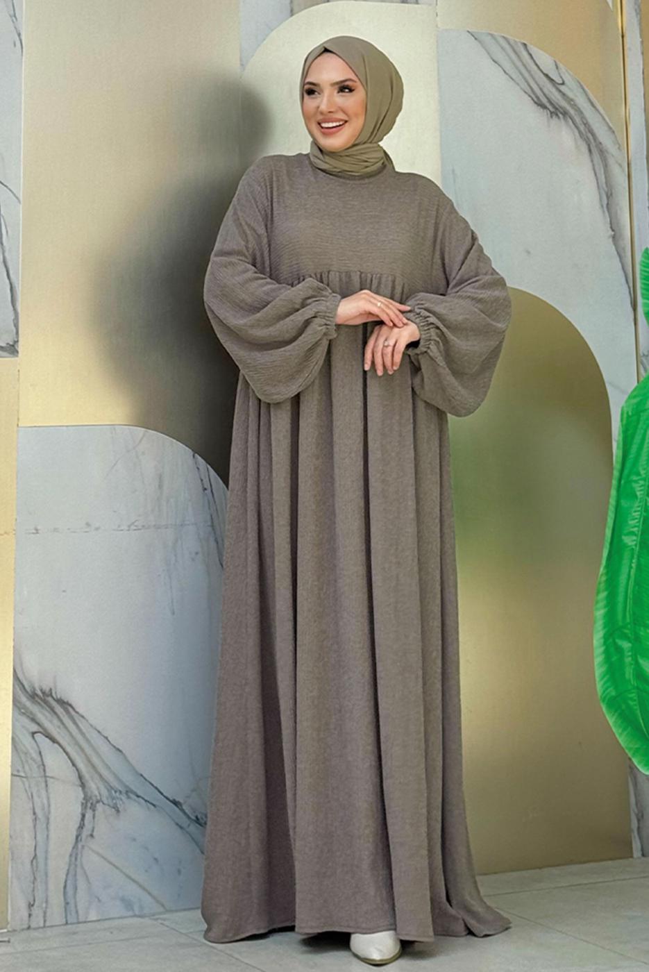 Tesettür giyim BEJ ROBALI TESETTÜR ÖRME ELBİSE T 1206