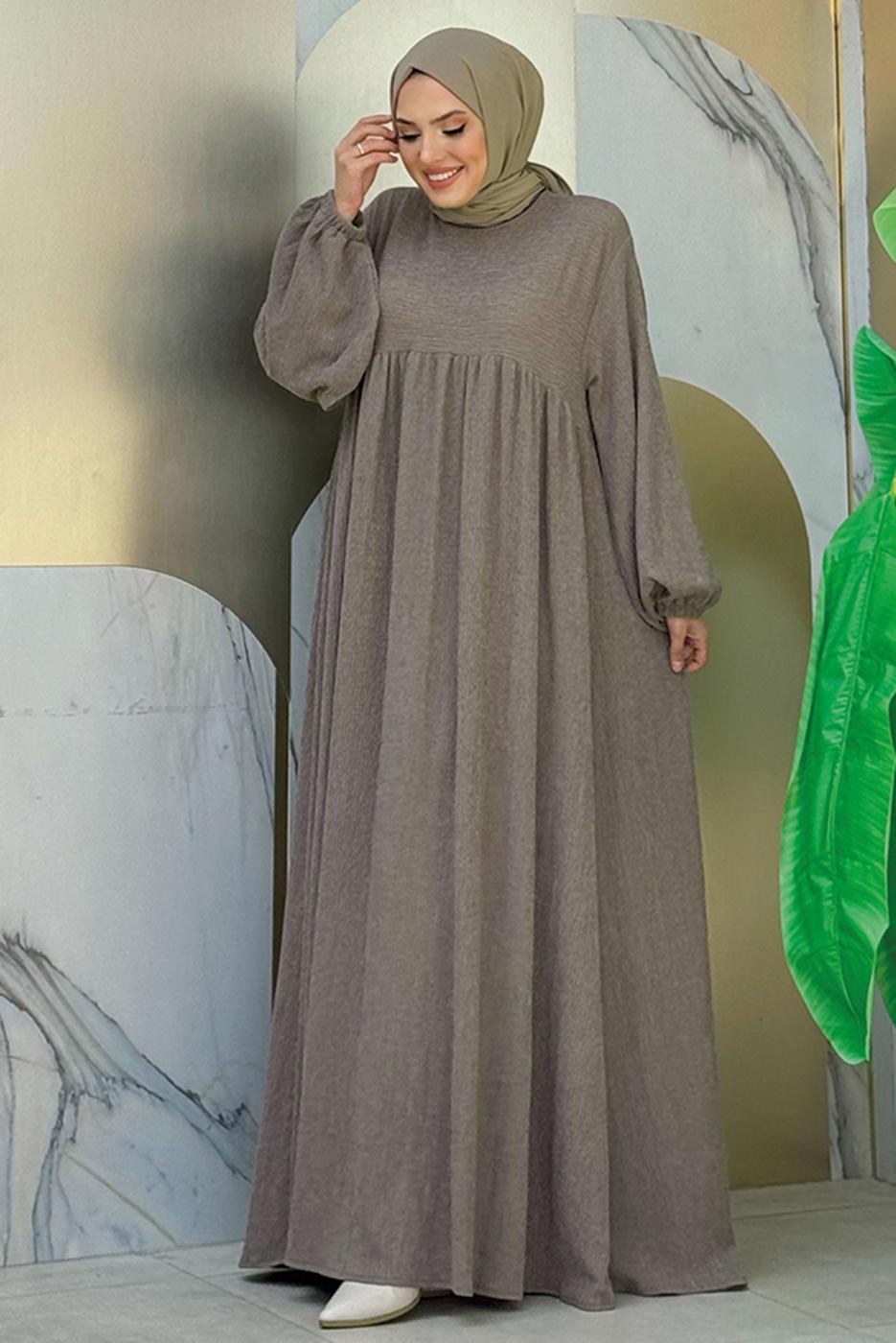 Tesettür giyim BEJ ROBALI TESETTÜR ÖRME ELBİSE T 1206