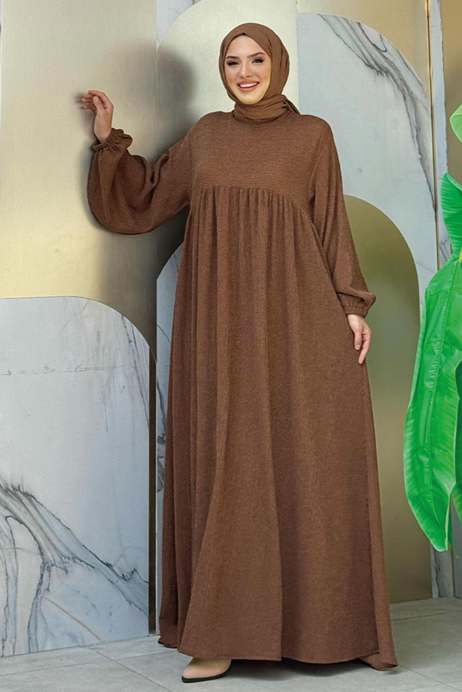 Tesettür giyim TABA ROBALI TESETTÜR ÖRME ELBİSE T 1206