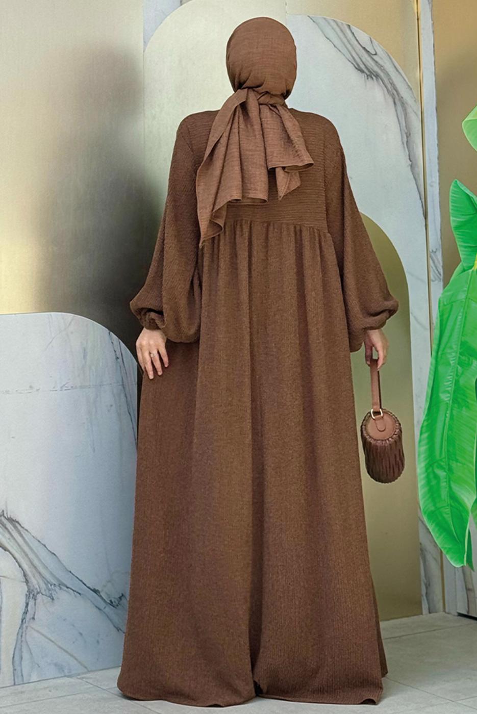 Tesettür giyim TABA ROBALI TESETTÜR ÖRME ELBİSE T 1206