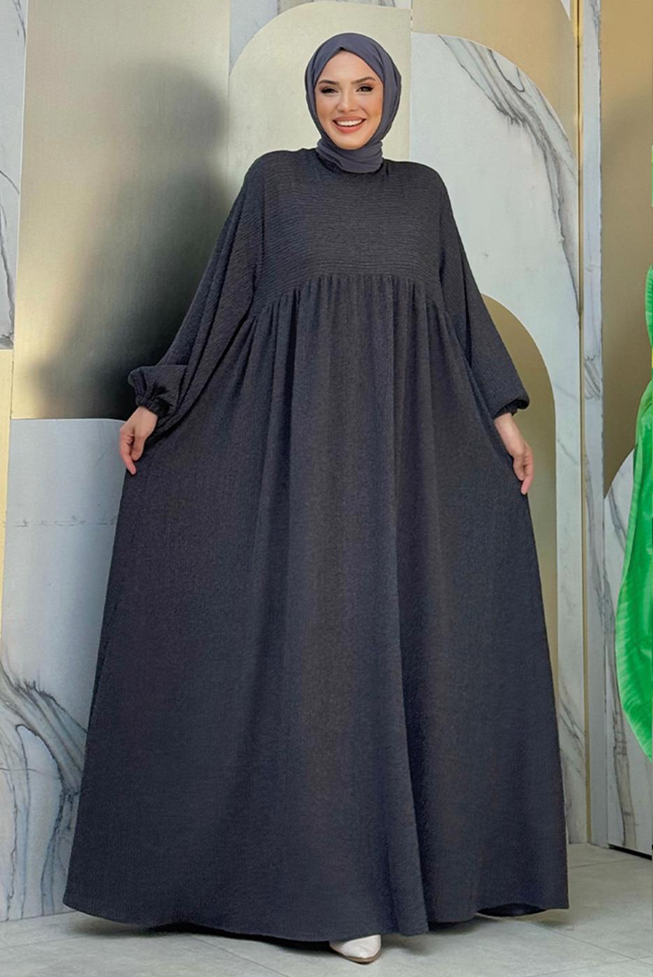 Tesettür giyim GRİ ROBALI TESETTÜR ÖRME ELBİSE T 1206
