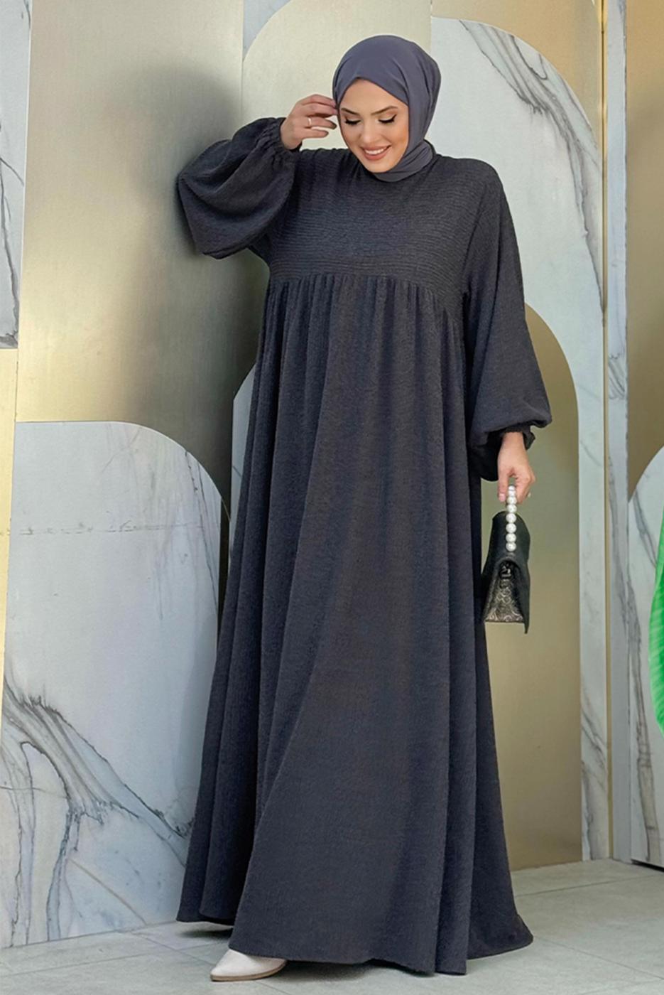 Tesettür giyim GRİ ROBALI TESETTÜR ÖRME ELBİSE T 1206