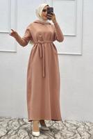 Tesettür giyim KAHVE KUŞAKLI ELBİSE T 1565