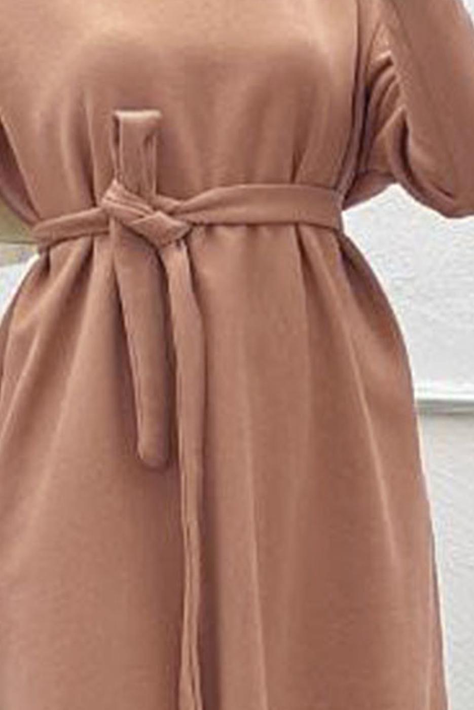 Tesettür giyim KAHVE KUŞAKLI ELBİSE T 1565