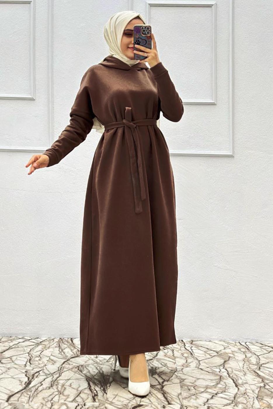 Tesettür giyim KAHVE KUŞAKLI ELBİSE T 1565