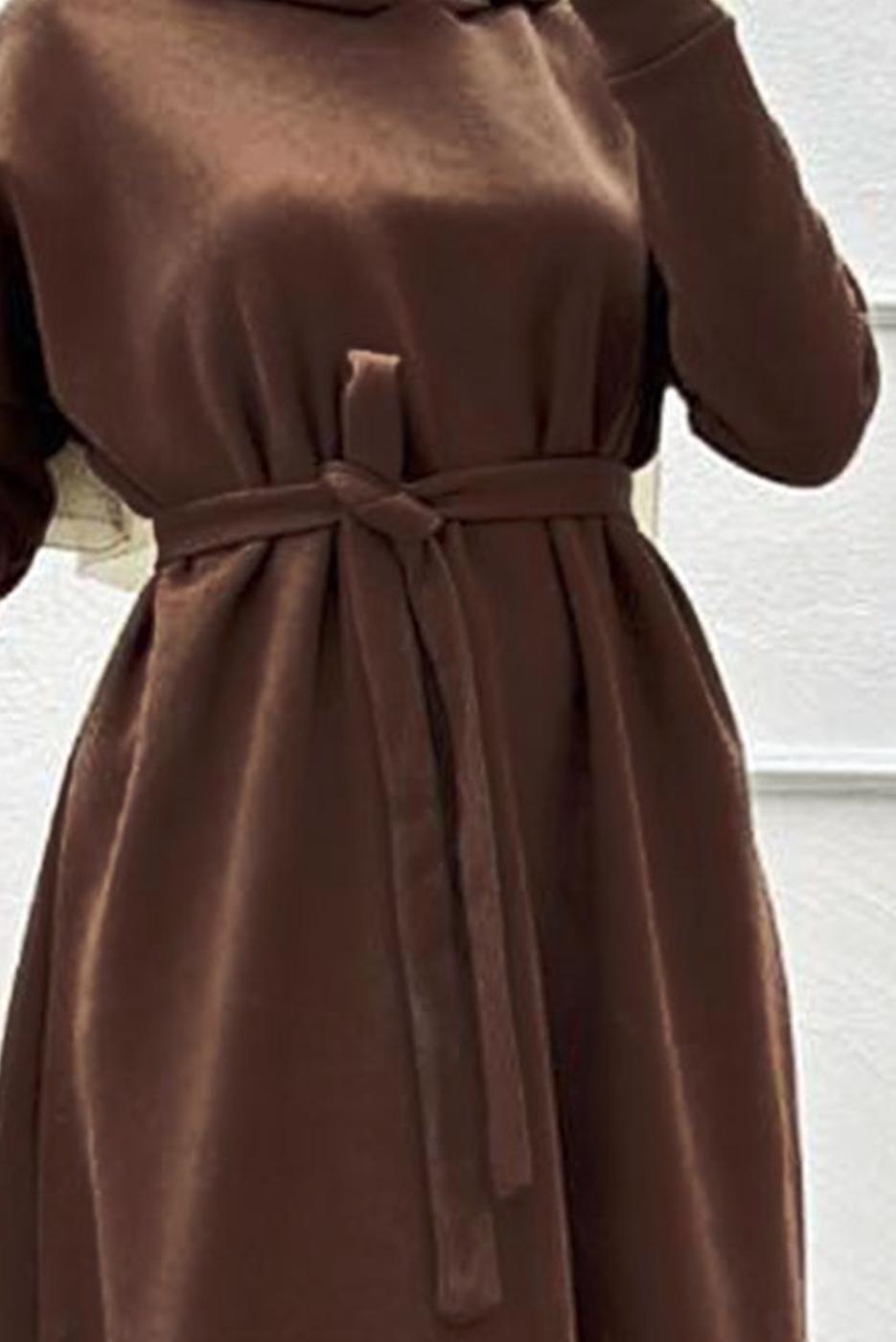 Tesettür giyim KAHVE KUŞAKLI ELBİSE T 1565