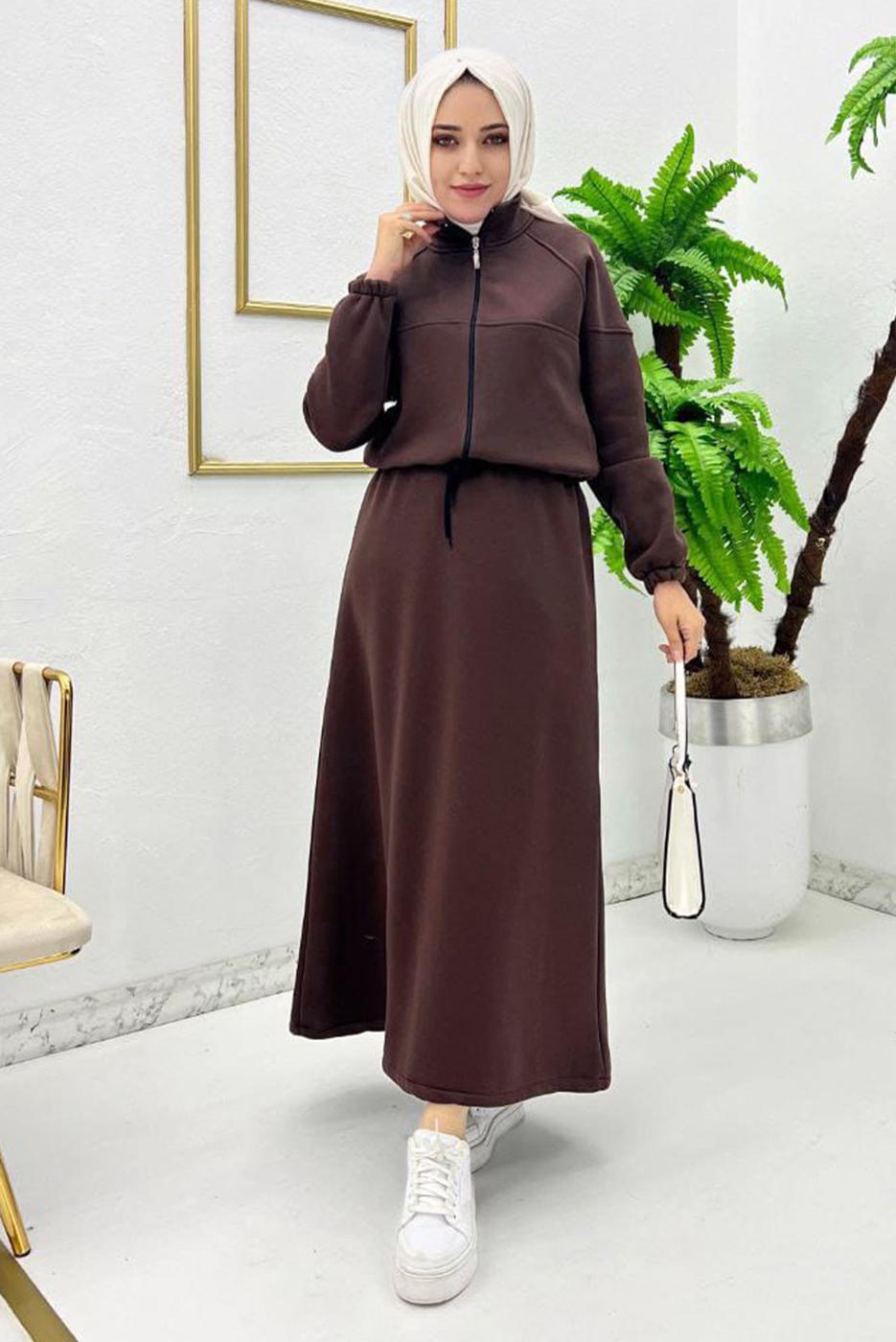 Tesettür giyim KAHVE BELİ BAĞCIKLI ELBİSE T 1765