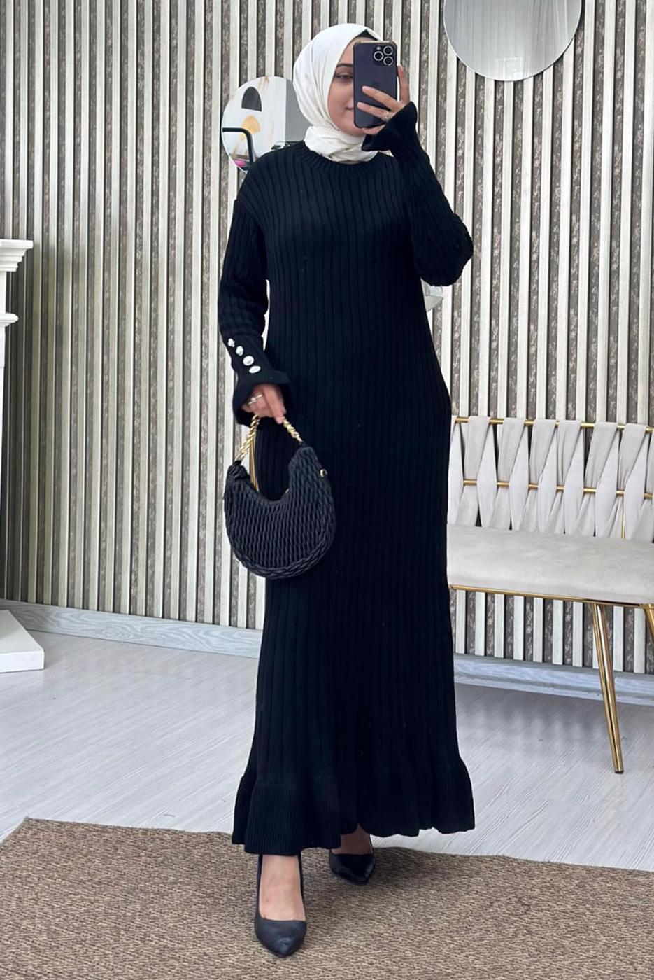 Tesettür giyim SİYAH FIRFIRLI TRİKO ELBİSE T 2565