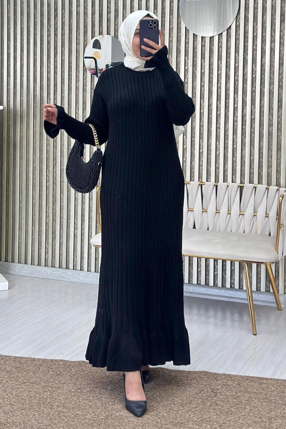 Tesettür giyim SİYAH FIRFIRLI TRİKO ELBİSE T 2565