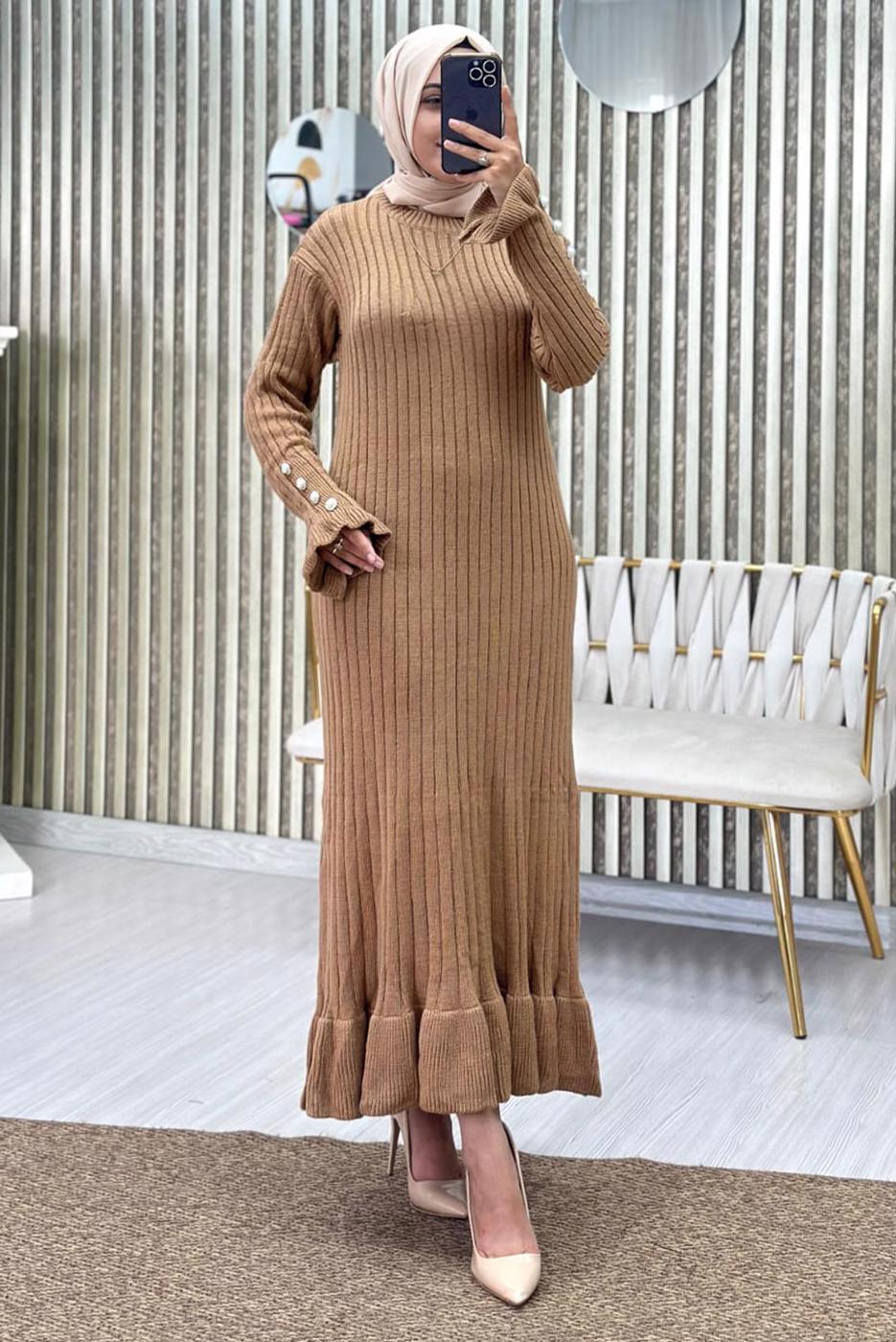 Tesettür giyim KAHVE FIRFIRLI TRİKO ELBİSE T 2565