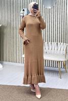 Tesettür giyim KAHVE FIRFIRLI TRİKO ELBİSE T 2565