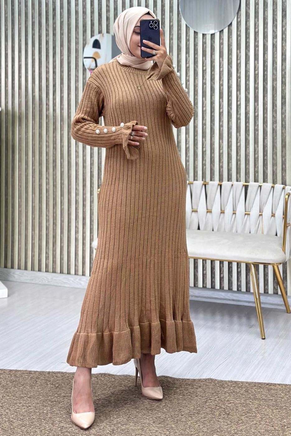 Tesettür giyim KAHVE FIRFIRLI TRİKO ELBİSE T 2565