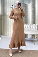 Tesettür giyim KAHVE FIRFIRLI TRİKO ELBİSE T 2565