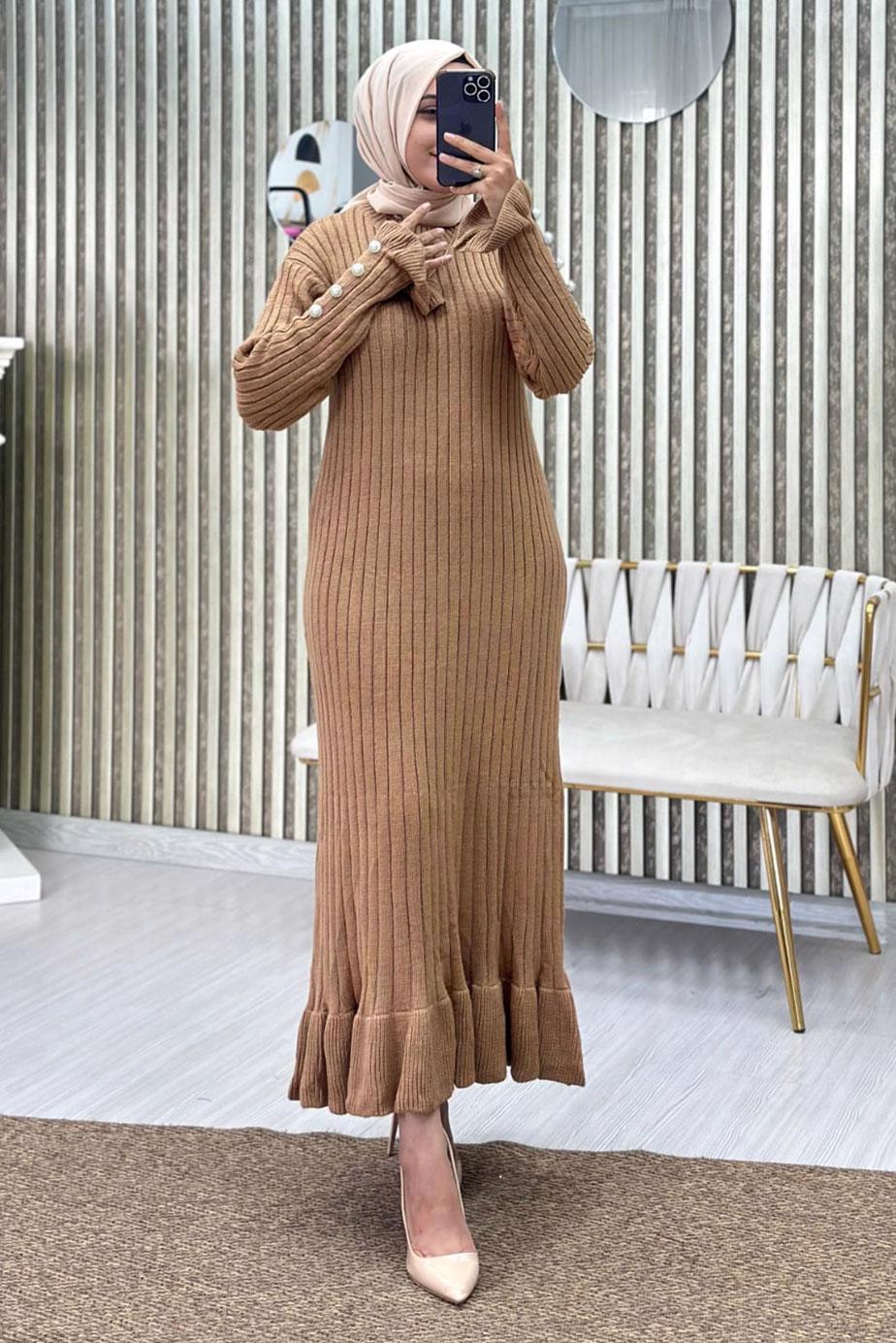 Tesettür giyim KAHVE FIRFIRLI TRİKO ELBİSE T 2565