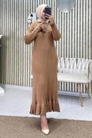 Tesettür giyim KAHVE FIRFIRLI TRİKO ELBİSE T 2565