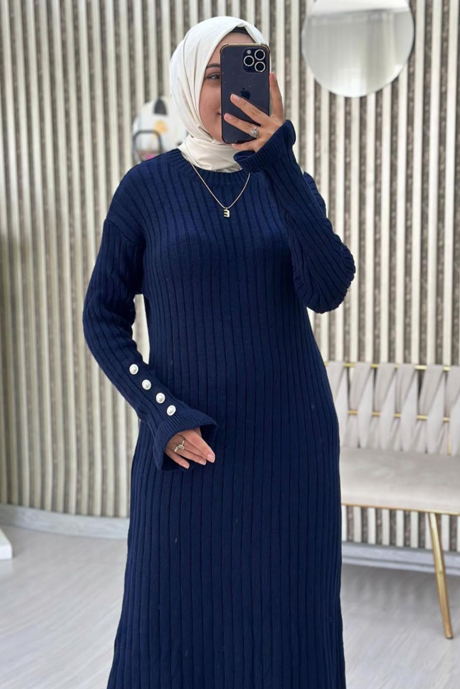 Tesettür giyim LACİVERT FIRFIRLI TRİKO ELBİSE T 2565